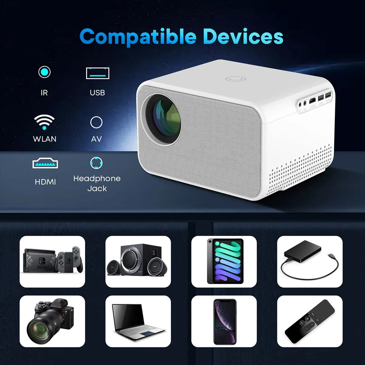 Proyector 1080P Nativo, 450 ANSI Lumens 4K Compatible Con Mini proyector, Android 9.0,corrección trapezoidal 4P/4D, 5G WiFi Wireless Screencast para iPhone