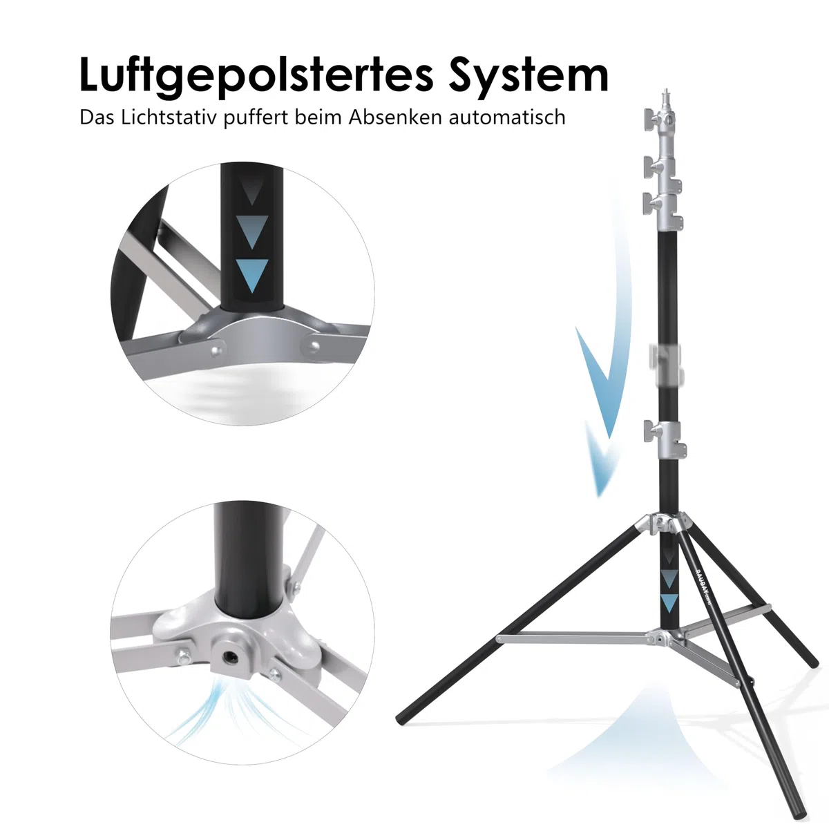 RAUBAY 3 m Robustes Lampenstativ, Luftfederung, Silber, LT30-RS | Aluminium-Fotostativ mit 1/4- und 3/8-Zoll-Anschlüssen für Softboxen, Studioleuchten, Video und Fotografie