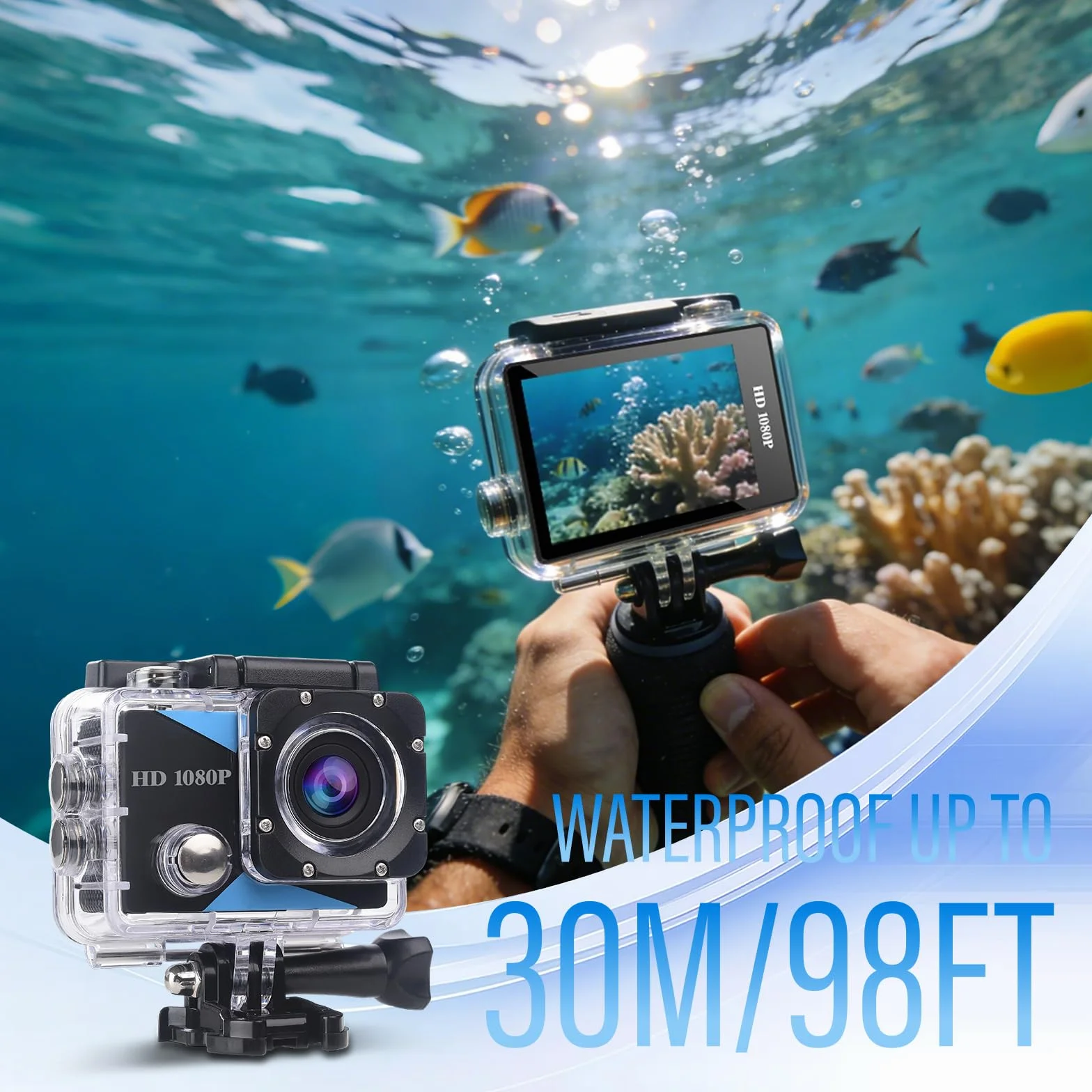 Action Cam FHD 1080P, wasserdichte Unterwasserkamera 98FT/30M, Sports Cam mit 2 wiederaufladbaren Batterien und Zubehör-Set