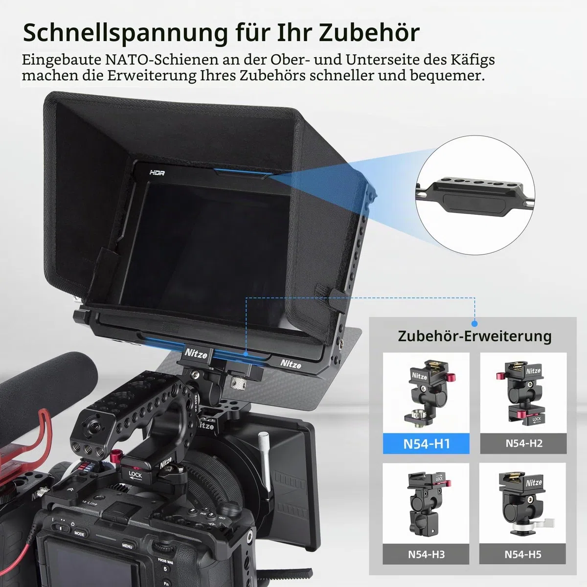 Nitze Cage für Blackmagic Design Video Assist 7" 12G-SDI/HDMI HDR Aufnahmemonitor mit Sonnenblende, HDMI Kabelklemme und USB-C Kabelklemme – JT-B02B