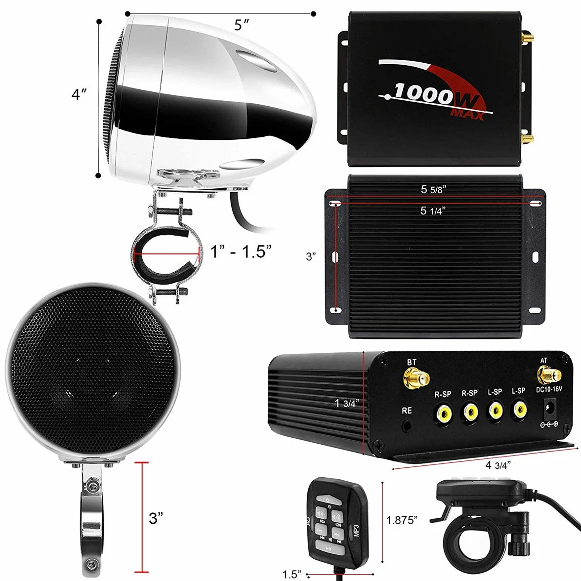 1000W 4 Kanal Motorrad Verstärker 4 "Full Range Wasserdicht Bluetooth Motorrad Stereo Lautsprecher Audio System mit AUX USB SD FM Radio für 1-1.5" Lenker Harley Cruiser ATV UTV (Chrom, net)