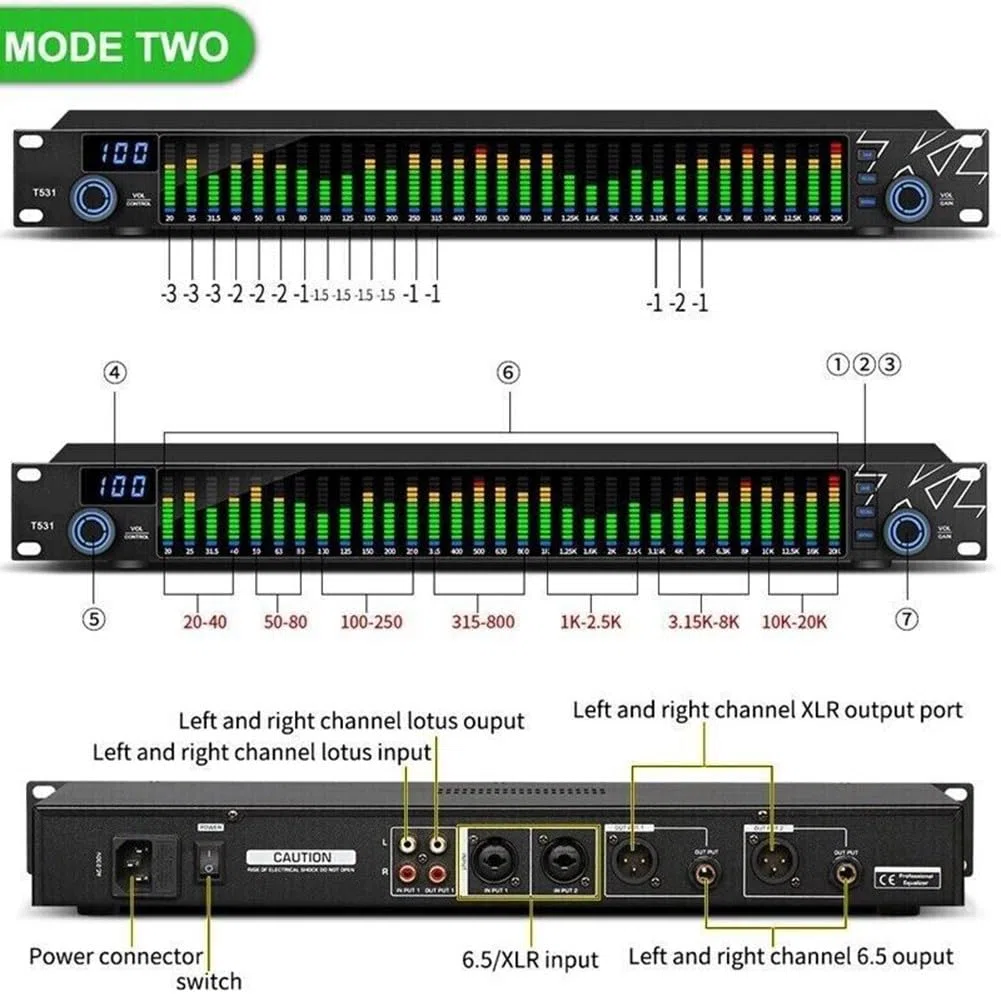 31-Band Stereo Grafik Digital Equalizer mit LED für SPECTRUM-Anzeige, Dual-K für DSP, Rauschunterdrückung, TRS/RCA/XLR Eingänge für Zuhause oder KTV, Schwarz