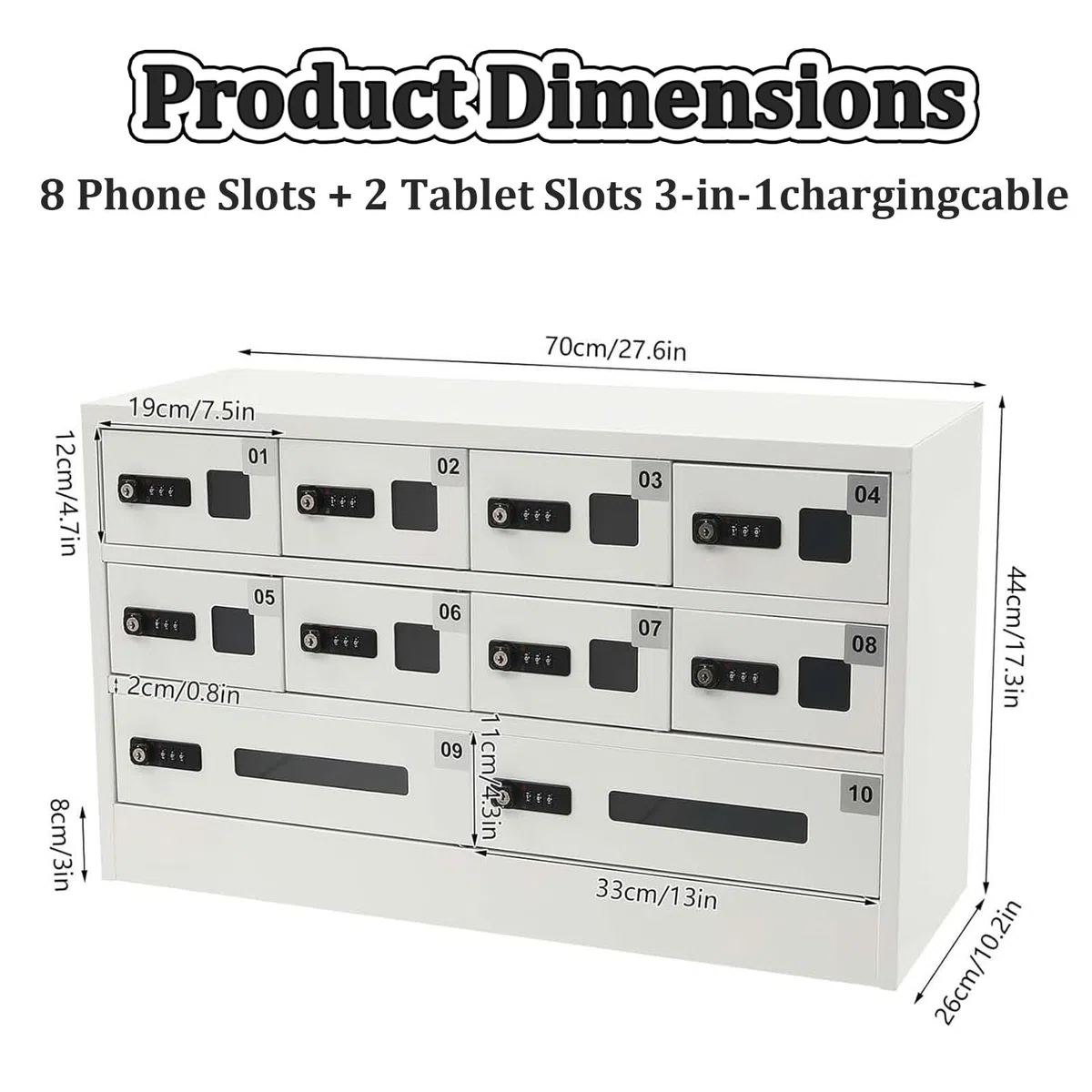 Handy-Schließfach Mit 10 Steckplätzen, USB-Ladestation, 3-in-1-Ladekabel, Zahlenschloss Und Qc3.0-Schnellladefunktion Für Büro Und Klassenzimmer