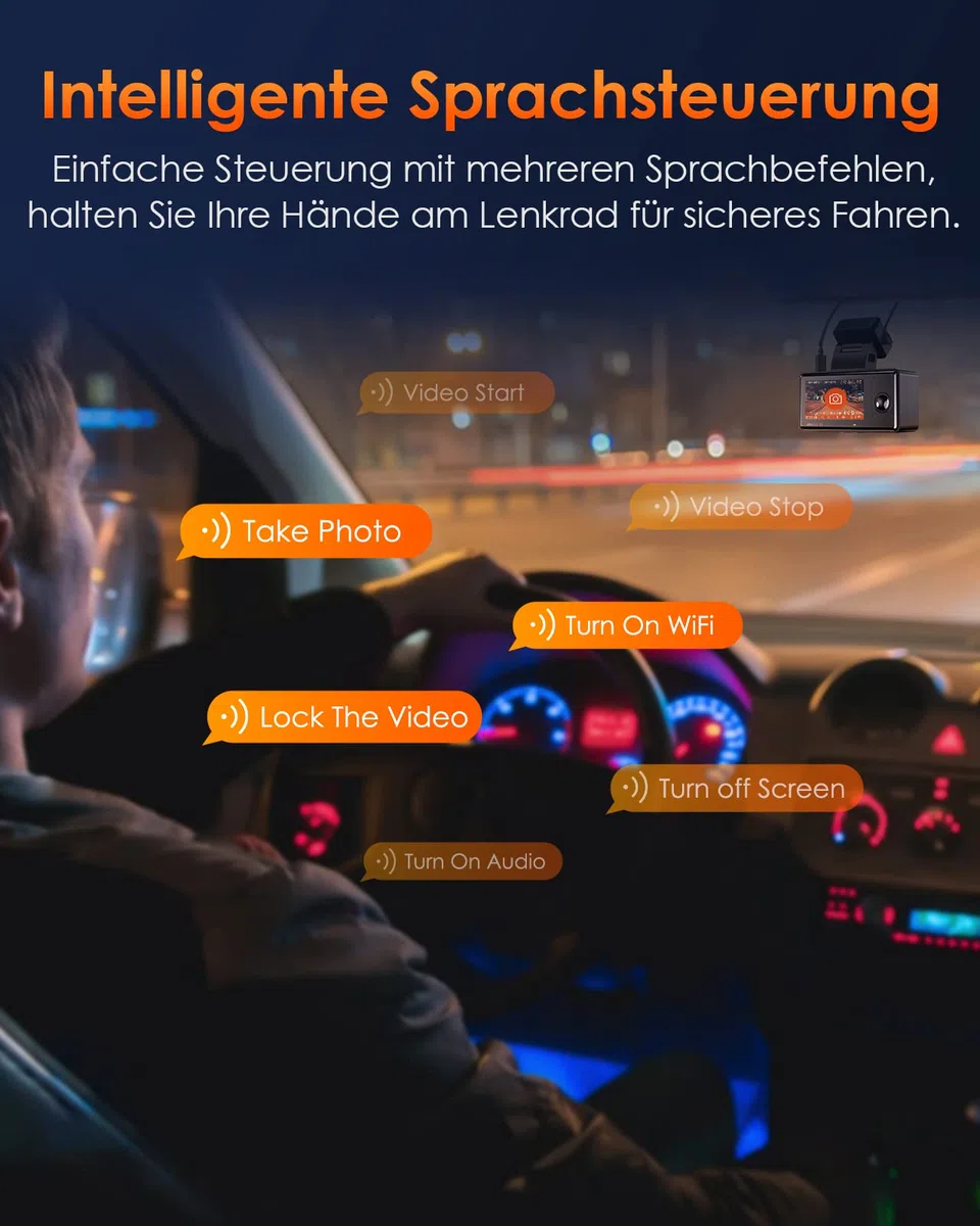 VANTRUE E3 3 Lens 2.7K Dashcam mit 5GHz WiFi, 1944P+1080P+1080P Dash Cam, Sprachsteuerung Dashcam Auto Vorne Hinten, IR Nachtsicht, 24Std. Puffer Parkmodus Dashcams, Loopaufnahme, Max 512G