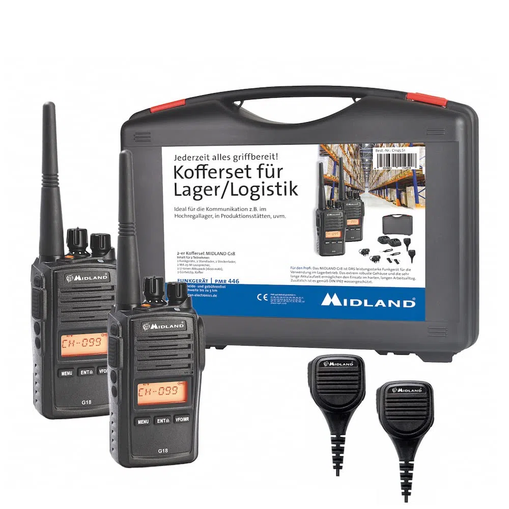 Midland G18 Pro, Two-Way-Funkgerät Walkie Talkie, 99 PMR446-Kanäle, Militärstandard Walkie Talkie, IP67-zertifiziert, Li-Ionen-Akku, Tischladegerät, Gürtelclip, schwarz