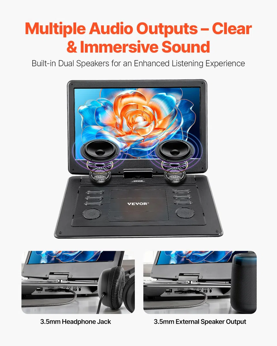 VEVOR tragbarer DVD-Player mit drehbarem HD-Bildschirm (396 mm), eingebauter Akku mit 4,5-5 Std. Laufzeit, 2 Lautsprecher, unterstützt Synchronisierung von TV/USB/SD-Karte/CD/DVD, Autoladegerät