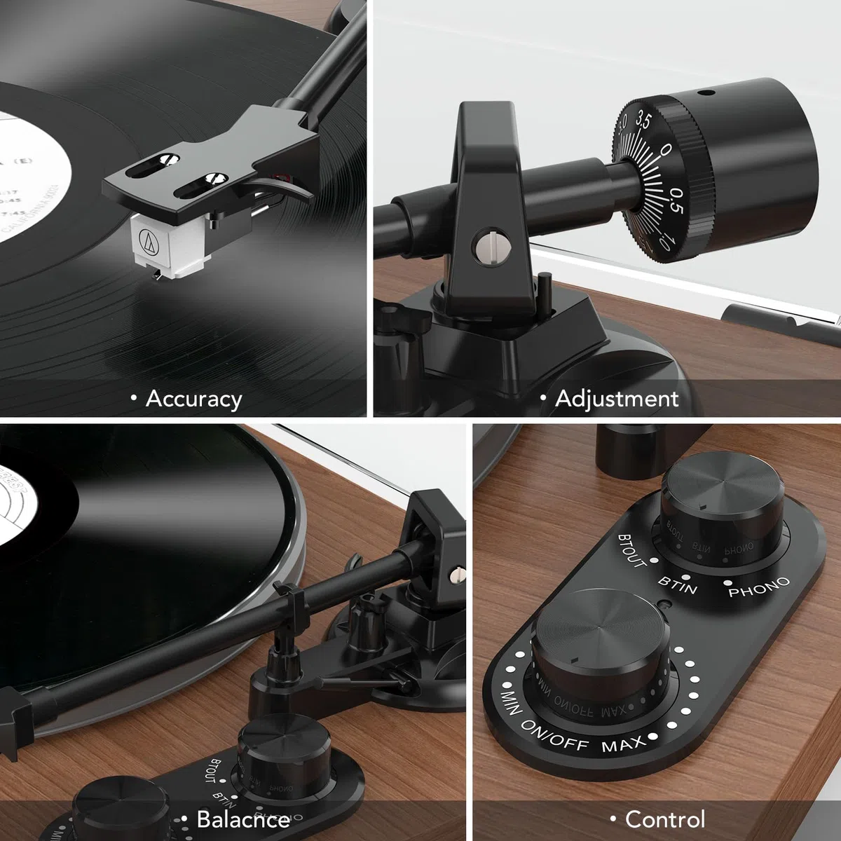 Udreamer Plattenspieler mit Integriertem Vorverstärker, Hi-Fi-System mit 40-W-Regallautsprechern, Bluetooth, Aluminium-Plattenteller, Riemenantrieb mit 2 Geschwindigkeiten, AT-3600L Braun