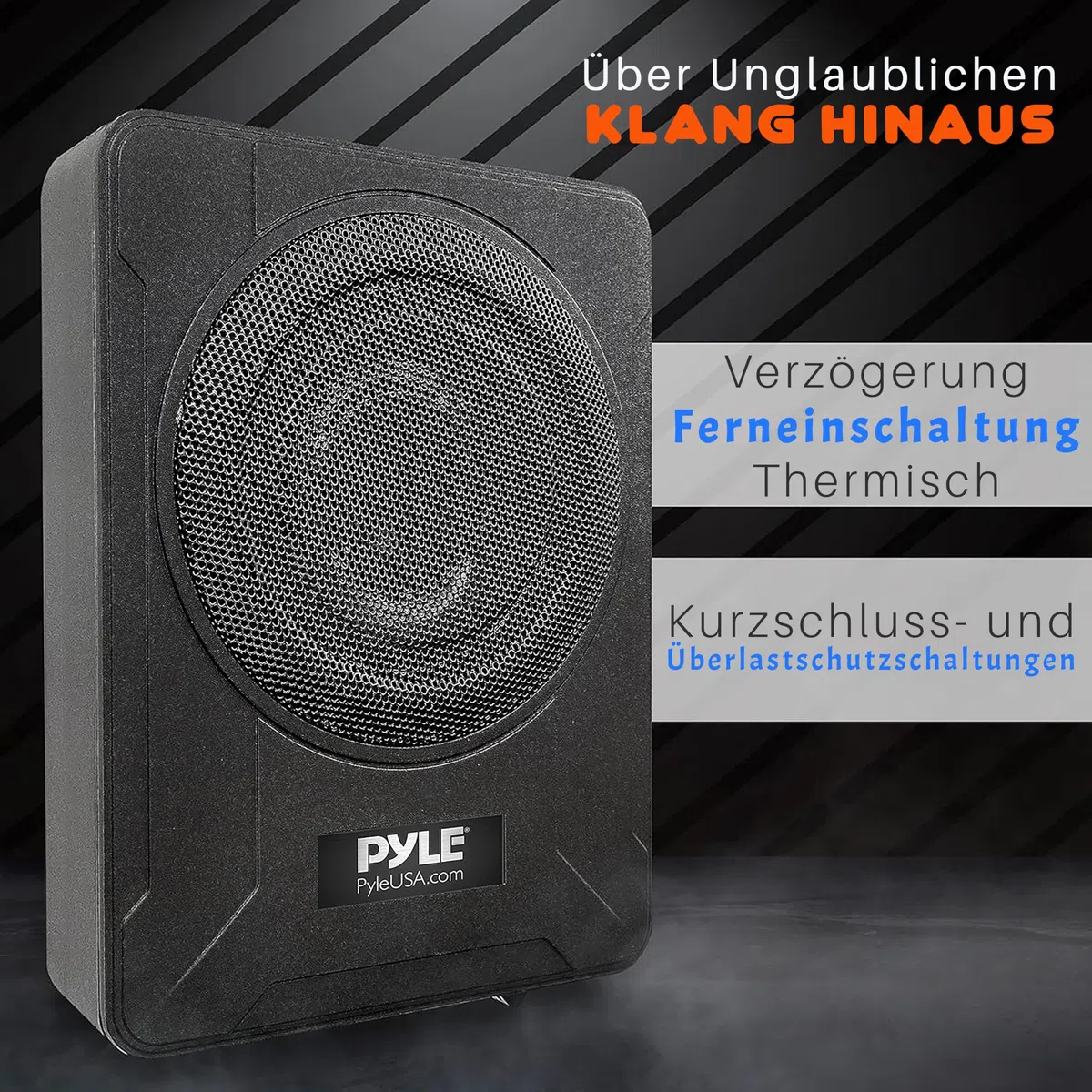 Pyle 600W Untersitz Subwoofer Aktiv – 8" Flacher Auto Lautsprecher mit Verstärker – Car & Marine Speakers mit Variabler Bassboost inkl. Montagematerial & Fernbedienung – Schlankes Design in Schwarz