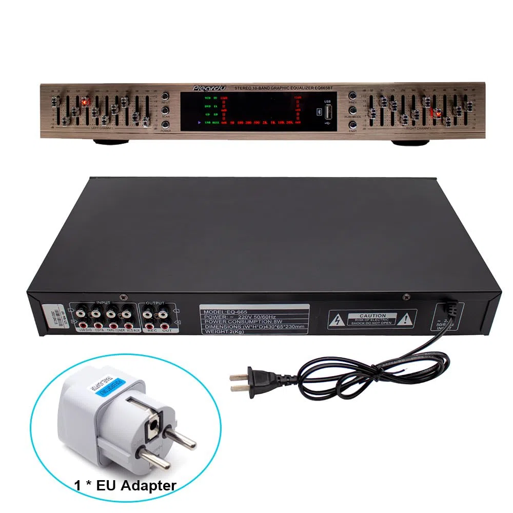 Toplionace EQ665 Stereo Equalizer, 220V HiFi Home EQ Equalizer Dual-10 Band-Stereo Höhen Alt Bass Regelung mit Integriertem Bluetooth (EQ665, Golden)