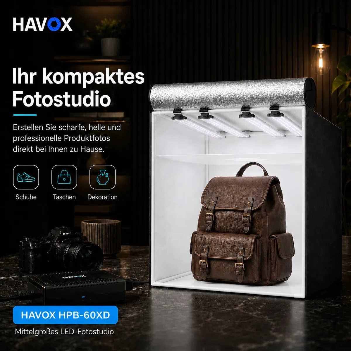 HAVOX Fotostudio HPB-60XD – 60x60x60cm Lichtbox 26000lm mit 240 LEDs – Großes Fotozelt mit 4 verstellbaren Panels – Mini Fotostudio für Kleidung, Schuhe, Produktfotografie