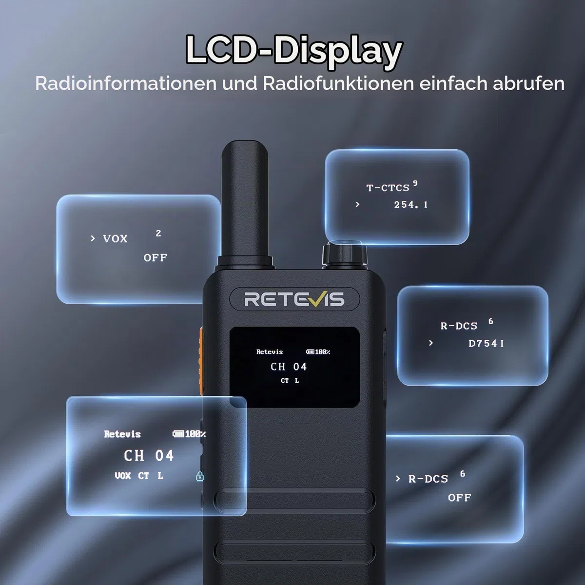 Retevis B63S Walkie Talkie PMR446 Dünne mit Ohrhörer LCD Bildschirm 4 Stück | RT622P (3.0), VOX, USB-C, 1620 mAh, Leicht Walkie Talkie 4er Set für Einzelhandel, Restaurant
