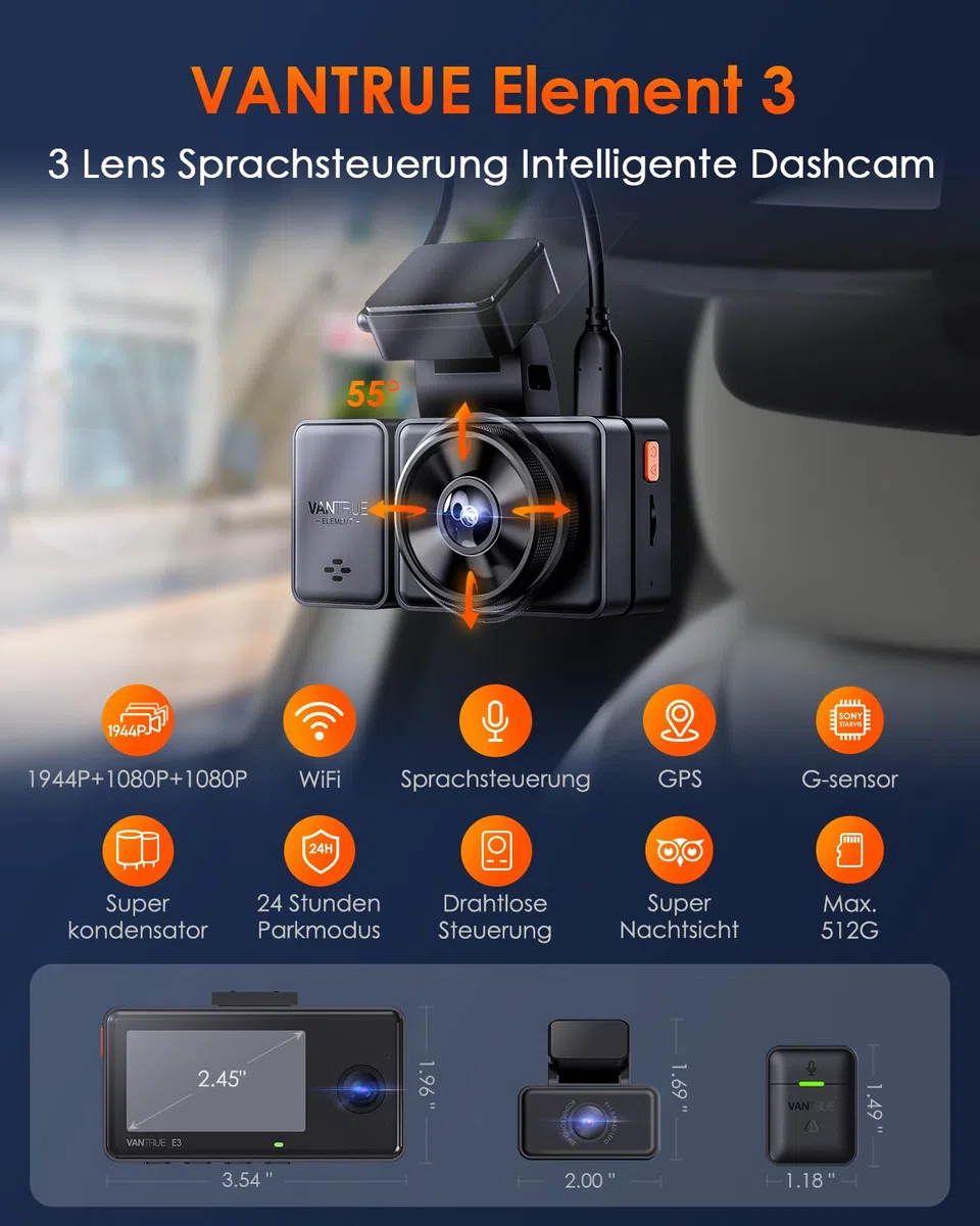 VANTRUE E3 3 Lens 2.7K Dashcam mit 5GHz WiFi, 1944P+1080P+1080P Dash Cam, Sprachsteuerung Dashcam Auto Vorne Hinten, IR Nachtsicht, 24Std. Puffer Parkmodus Dashcams, Loopaufnahme, Max 512G