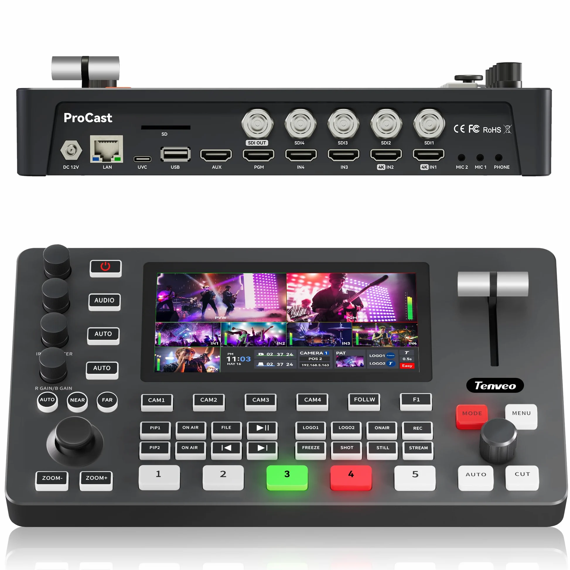 Tenveo Video Mixer Switcher, 4K 60FPS Live-Streaming-Videomischer, 5,5-Zoll-FHD-Bildschirm, 4X SDI und 4X HDMI Eingänge, 1080P 60FPS Ausgang, USB-Aufnahme, PTZ-Kamera- und Controller-Unterstützung