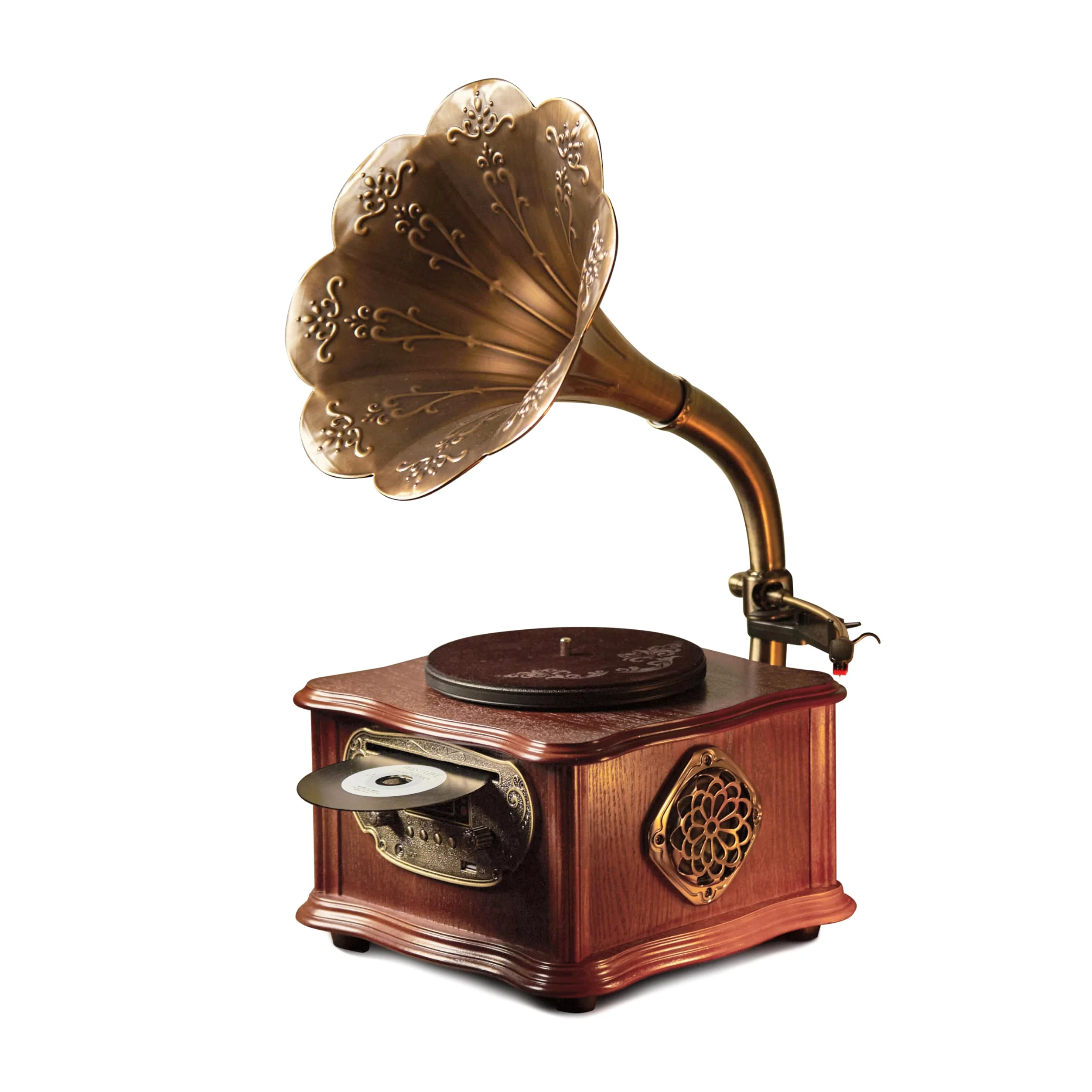 Holz Retro Plattenspieler mit Bluetooth, Grammophon und CD-Wiedergabe, Radio & Fernbedienung