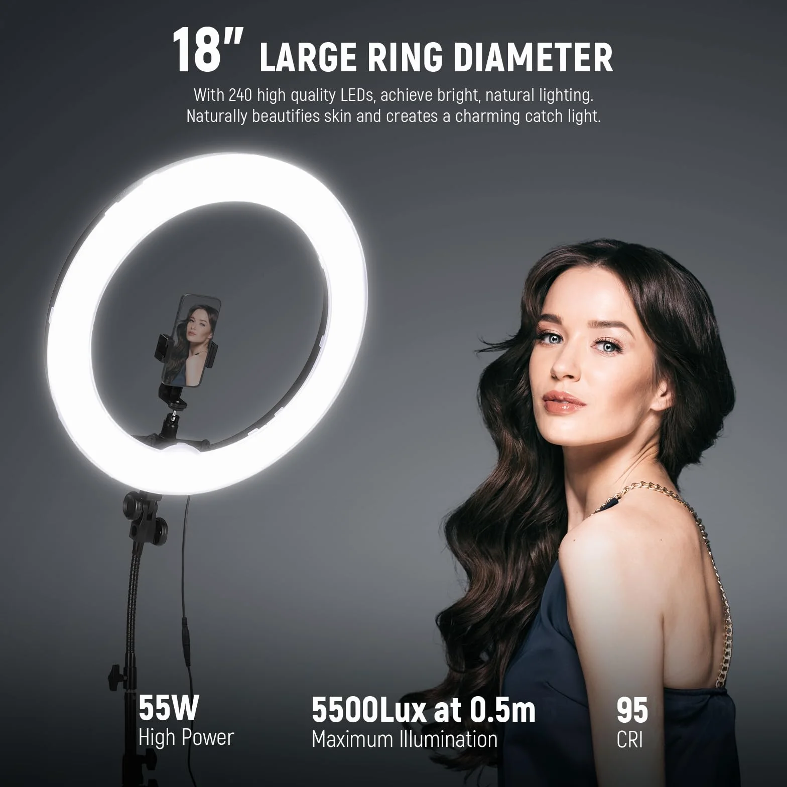 NEEWER Ringlicht mit Stativ Set: 18 Zoll/45cm Außen 55W 5600K Dimmbare LED Ringleuchte mit Bluetooth Fernbedienung für Handy/Kamera für YouTube TikTok Self Porträt Foto, Tätowierer, Make up, Salons