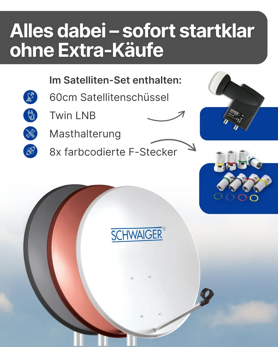 SCHWAIGER Satellitenschüssel Komplettset - Ø 60 cm Stahl Offset Antenne in Anthrazit - Inkl. sonnengeschütztes Twin LNB - Digital HD & 4K Empfang - Hitzebeständig & wetterfest