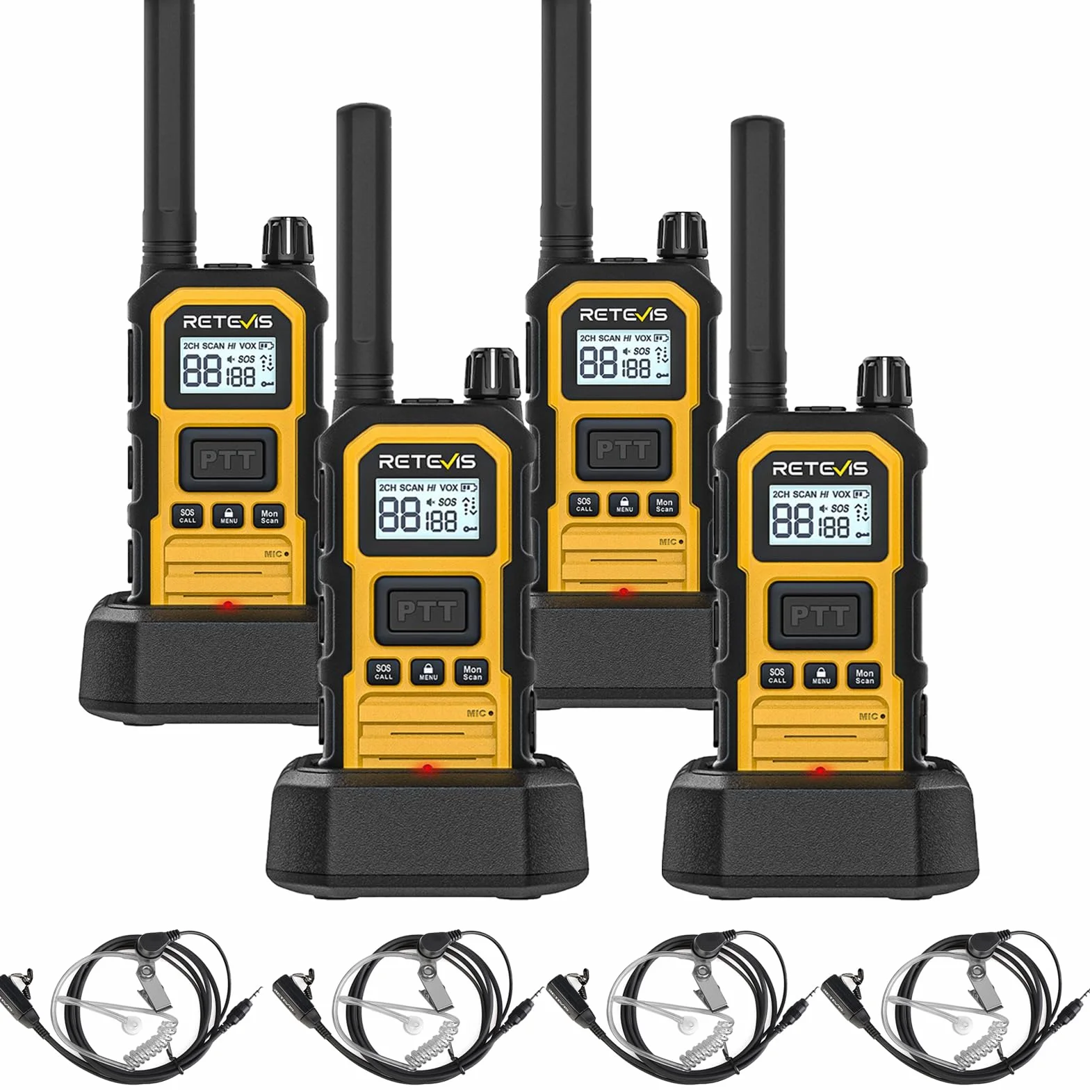 Retevis RB648Plus Walkie Talkie mit Ohrhörern, IP67 wasserdichte Funkgerät | Erweiterte Reichweite, 2000 mAh, Dual-PTT, VOX, Handfunkgeräte für Raue Industrieumgebungen (4 Stück, Gelb)