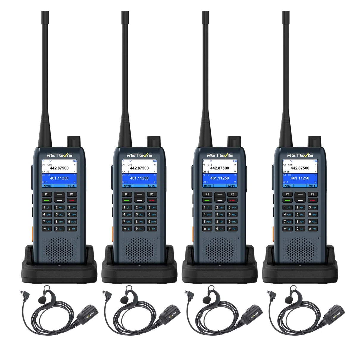 Retevis MateTalk C63 Funkgerät mit Headset, Jobticket-System-Vibrationsalarm/SMS-Funktion, 1,77-Zoll-LCD, 2200 mAh, 3 Anrufmodi, Schlankes Walkie Talkie 4er Set für Einkaufszentren (4er-Pack) | Einkaufszentren, SMS-Funktion, Vibrationsalarm, Gruppenanruf,