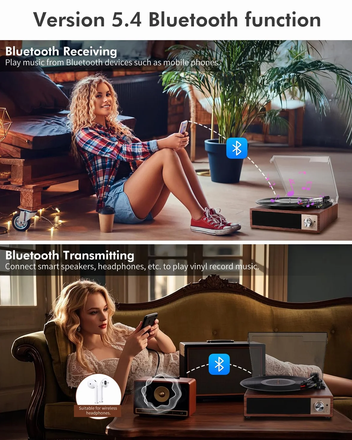 VIFLYKOO Plattenspieler, Schallplattenspieler Bluetooth 5.4 mit 2 Stereo-Lautsprecher, Wireless 3-Gang 33/45/78 u/min, Vinyl Player unterstützt Kopfhöreranschluss/AUX-Eingang/RCA-Ausgang/USB, Mahagoni