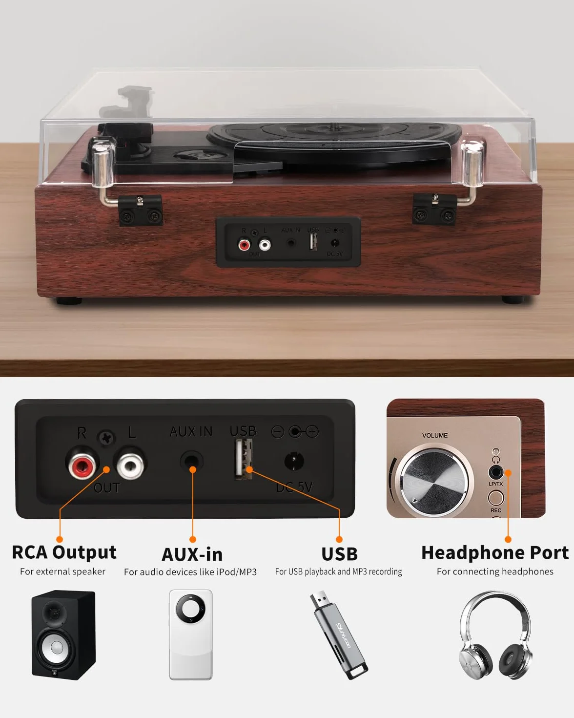 VIFLYKOO Plattenspieler, Schallplattenspieler Bluetooth 5.4 mit 2 Stereo-Lautsprecher, Wireless 3-Gang 33/45/78 u/min, Vinyl Player unterstützt Kopfhöreranschluss/AUX-Eingang/RCA-Ausgang/USB, Mahagoni