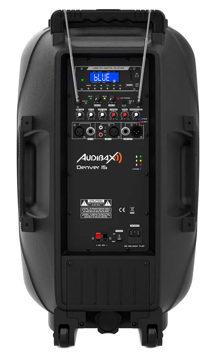 Audibax Denver 15 Altavoz Activo PA 15" Con Batería, Ruedas + 2 Micros Inalámbricos Mano