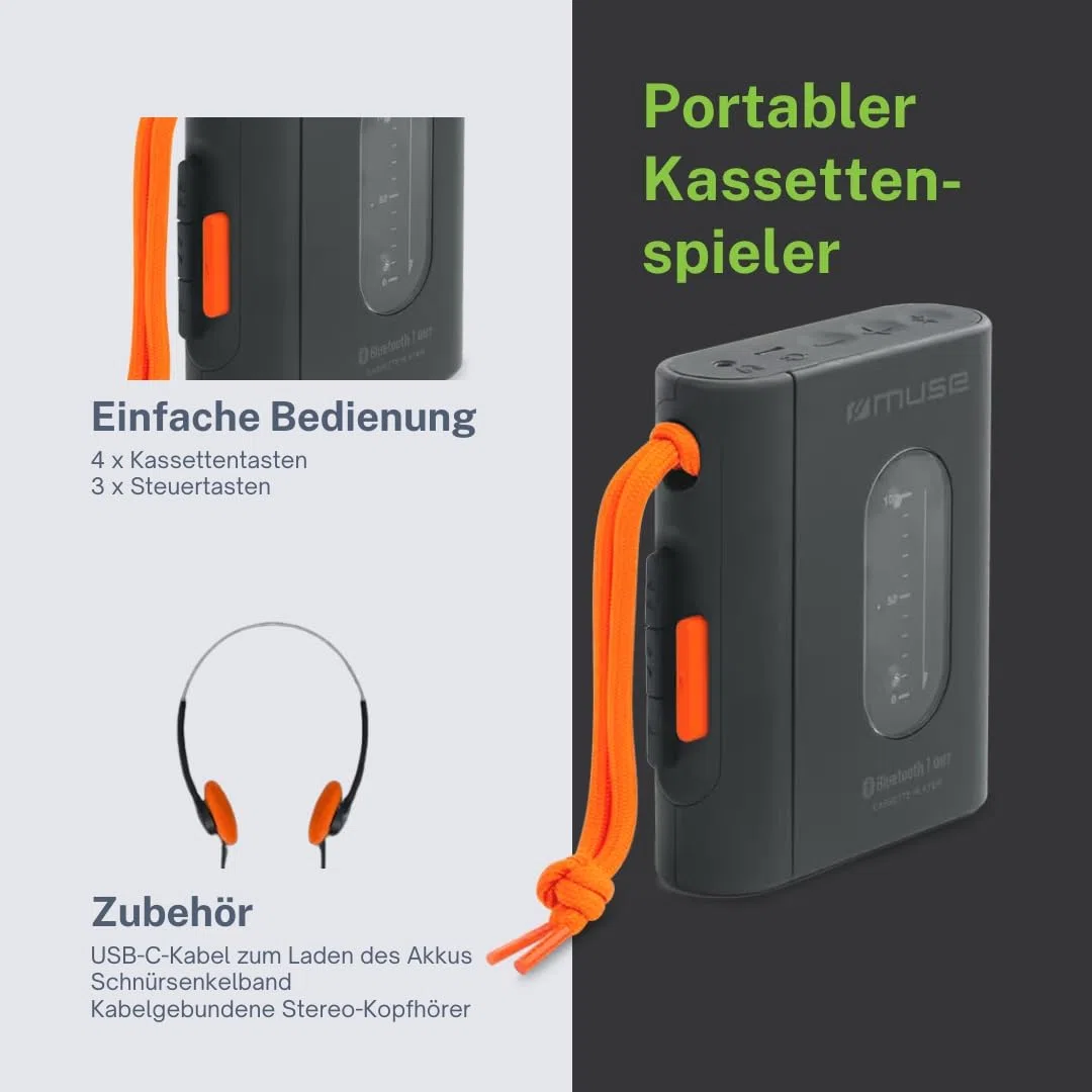 M-136 WM Tragbarer Kassettenspieler mit Bluetooth-Sender, USB-C Akku, 3,5-mm-Klinke, Stereo-Kopfhörer, 5 Std. Wiedergabe