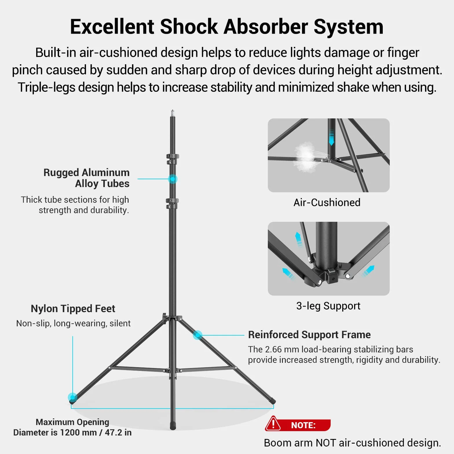 SMALLRIG Aluminium Lichtstativ 110"/9.2ft/280cm, mit 170cm Haltearm, luftgepolstertes Fotografie-Stativ mit 1/4"-Schraube für Softbox, Studiolicht, Ringlicht, max. Belastung 5kg, RA-S280A - 3737