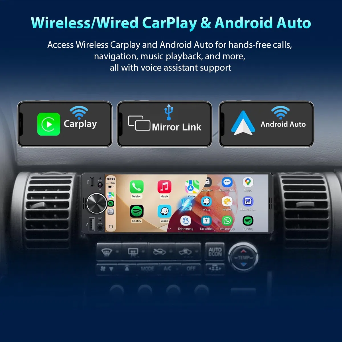 Autoradio 1DIN Mit Bildschirm (6,3") Kompatibel Mit Apple CarPlay [Wireless] Android Auto Bluetooth USB (Typ-C 3A Schnellladung) Rückfahrkamera AM/FM/RDS Radio