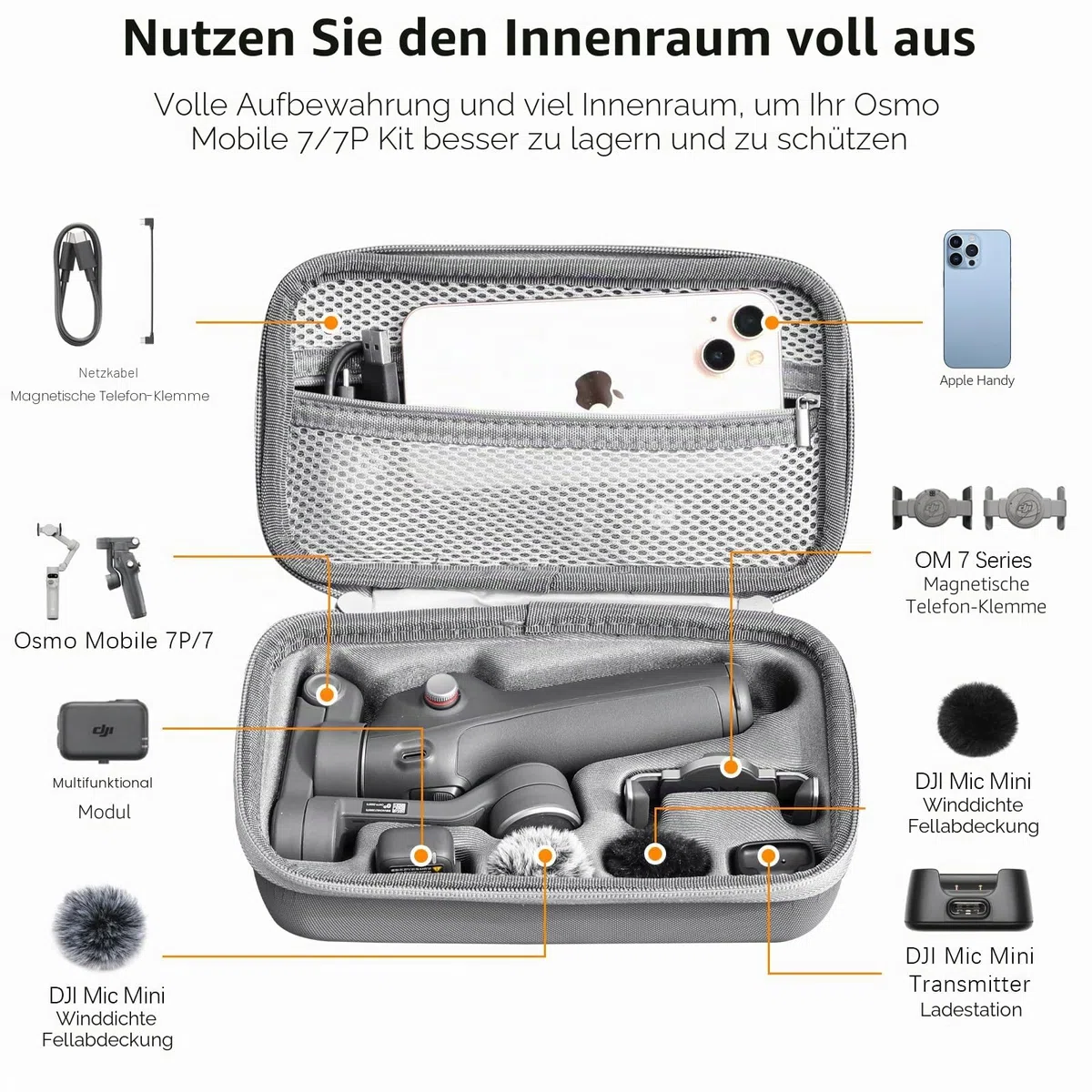 Osmo 7P Tasche, tragbare Aufbewahrungstasche, kompakte Tragetasche für DJI Osmo Mobile 7P Vlog Combo Zubehör, Hellgrau [Nur Hülle]
