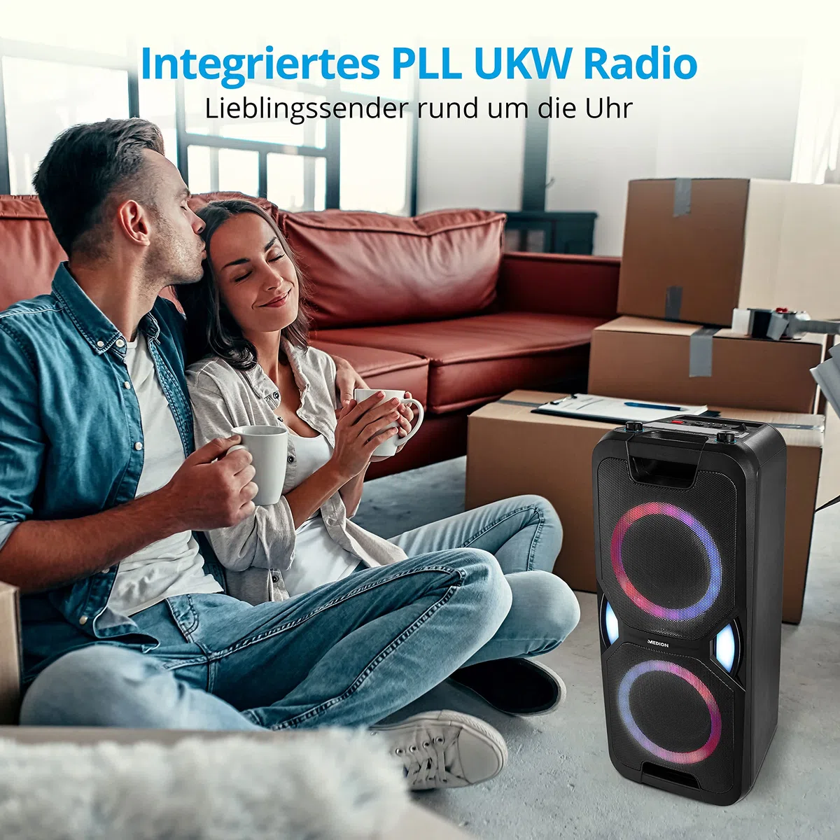 MEDION P67038 Party-Soundsystem (Partylautsprecher, Karaoke, Akku, UKW Radio, Bluetooth 5.0, Kompaktanlage, 2X 220 Watt, Farbige LED, USB, AUX, 2X Mikrofonanschluss)