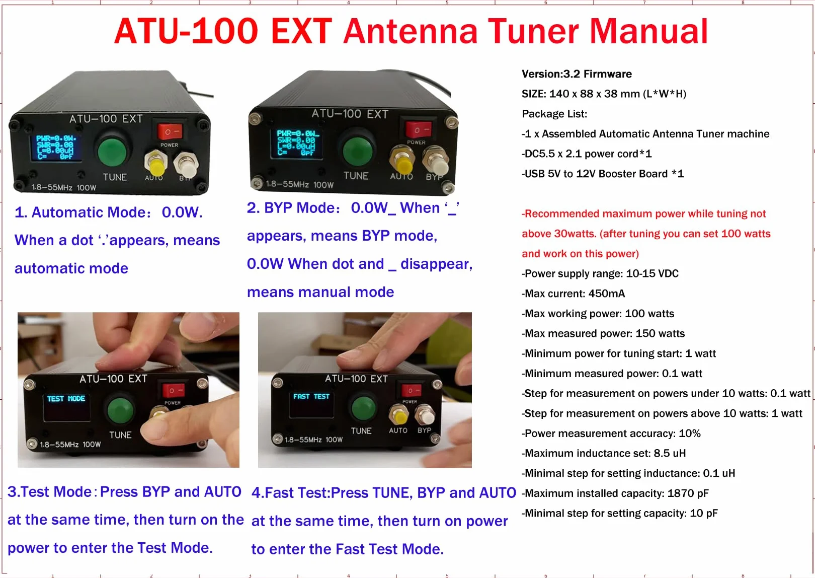 MALAHIT ATU-100 EXT Antennentuner 1,8–50 MHz atu100 von N7DDC 7 x 7 0,96 Zoll OLED 3.2 Firmware programmiert mit Gehäuse montierte Maschine mit USB-Kabel (ohne Batterie)