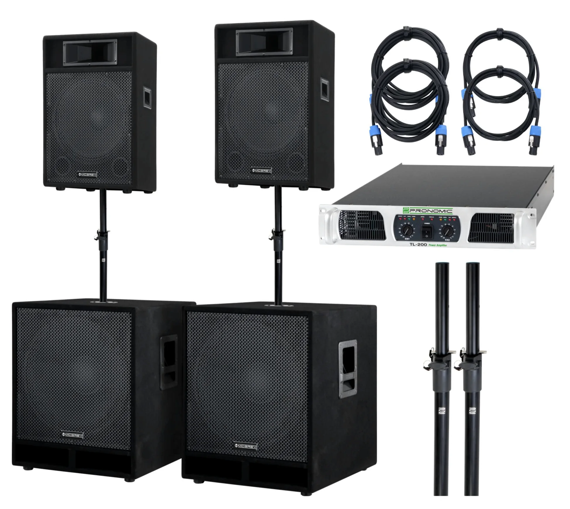 McGrey Powerstage-4200 PA Komplett-Anlage (2X 12/30cm Topteil, 2X 18/45cm Subwoofer, 1x Endstufe, 2X Distanzstange, 2X Boxenkabel, 1050/2100/4200 Watt RMS/Musikleistung/Peak) | Passiver 2-Wege-Lautsprecher mit Piezo-Hochtöner, 12" (30cm) Lautsprecher, 2"