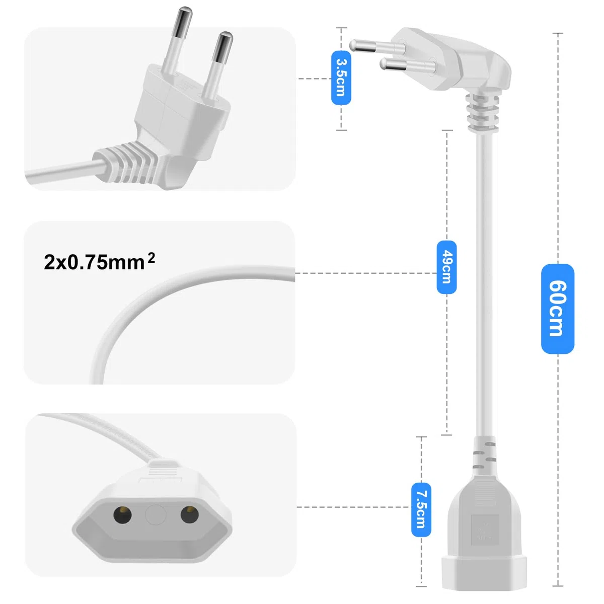 Eurostecker Verlängerung 2,5A 250V Verlängerungskabel mit Eurostecker Kurz Eurostecker 90 Grad Kurz, für Haushaltsgeräte TV PC Computer Monitor Etc (Weiß, 0.6m)