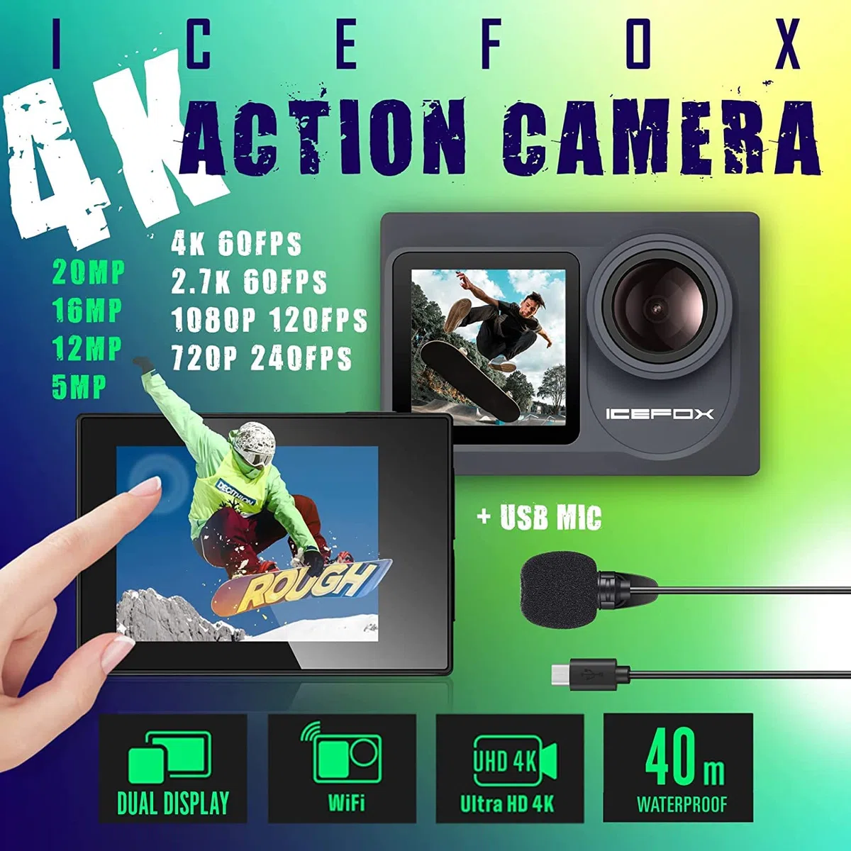 icefox Action Cam 4K Ultra HD 20MP Kamera Unterwasserkamera & SanDisk Extreme SDXC UHS-I Speicherkarte 128 GB