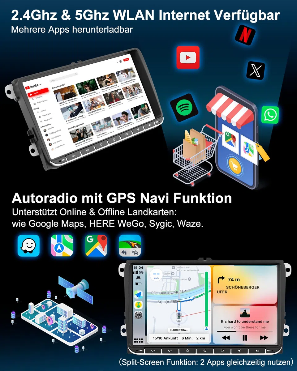 VW Autoradio mit Bildschirm 2+64GB für Golf 5 6 Polo T5 Passat Touran Seat Skoda, 2Din Bluetooth Auto Radio mit Navi DAB WLAN FM/AM, Apple Carplay, Android Auto, Lenkrad Strg,Android 14 (9 Zoll)