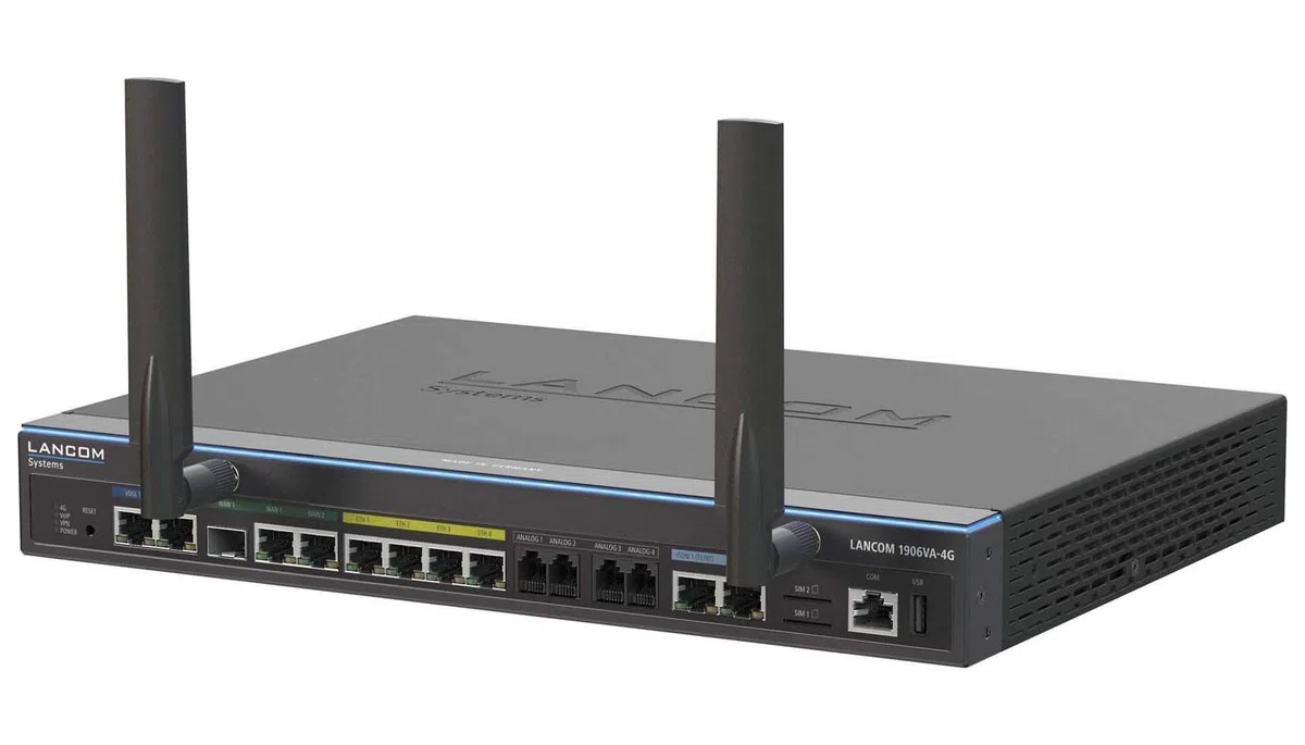 LANCOM 1906VA-4G (EU, over ISDN), Dual-VDSL-VoIP-Router, 2xVDSL2-Vect.Modem, 1xDual-SIM LTE-Adv., 1xSFP/TP, 1xWAN-Eth., 2xISDN S0 (TE/NT+NT), 4xAnalog