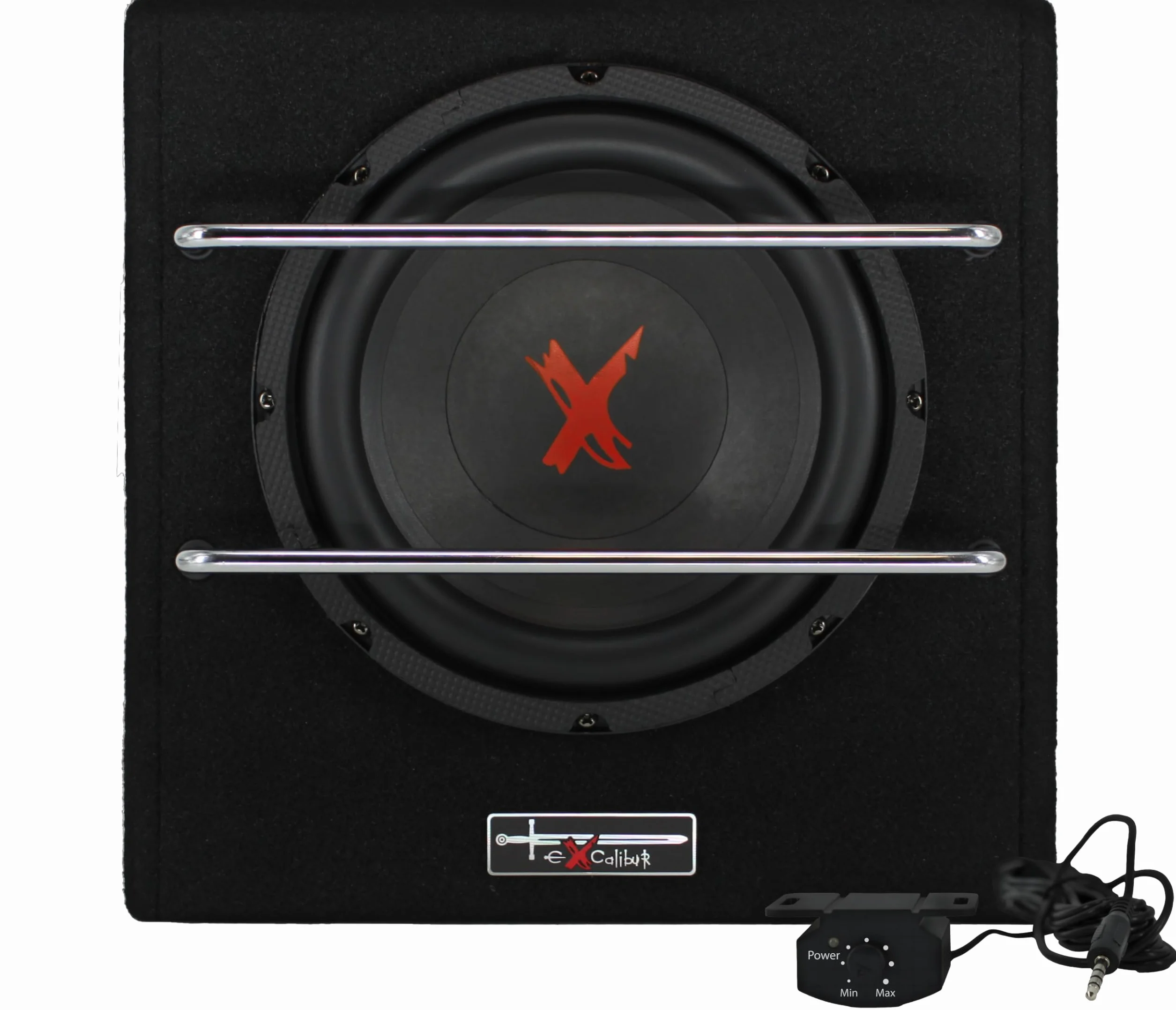 Excalibur X801BA, 8 Zoll Aktiver Auto Subwoofer, Integrierter Verstärker, Untersitz-Bassbox mit Class-AB Technologie, Hoch-/Niederpegel Eingänge, Auto Turn-On und Fernbedienung für den Fahrzeugeinsatz