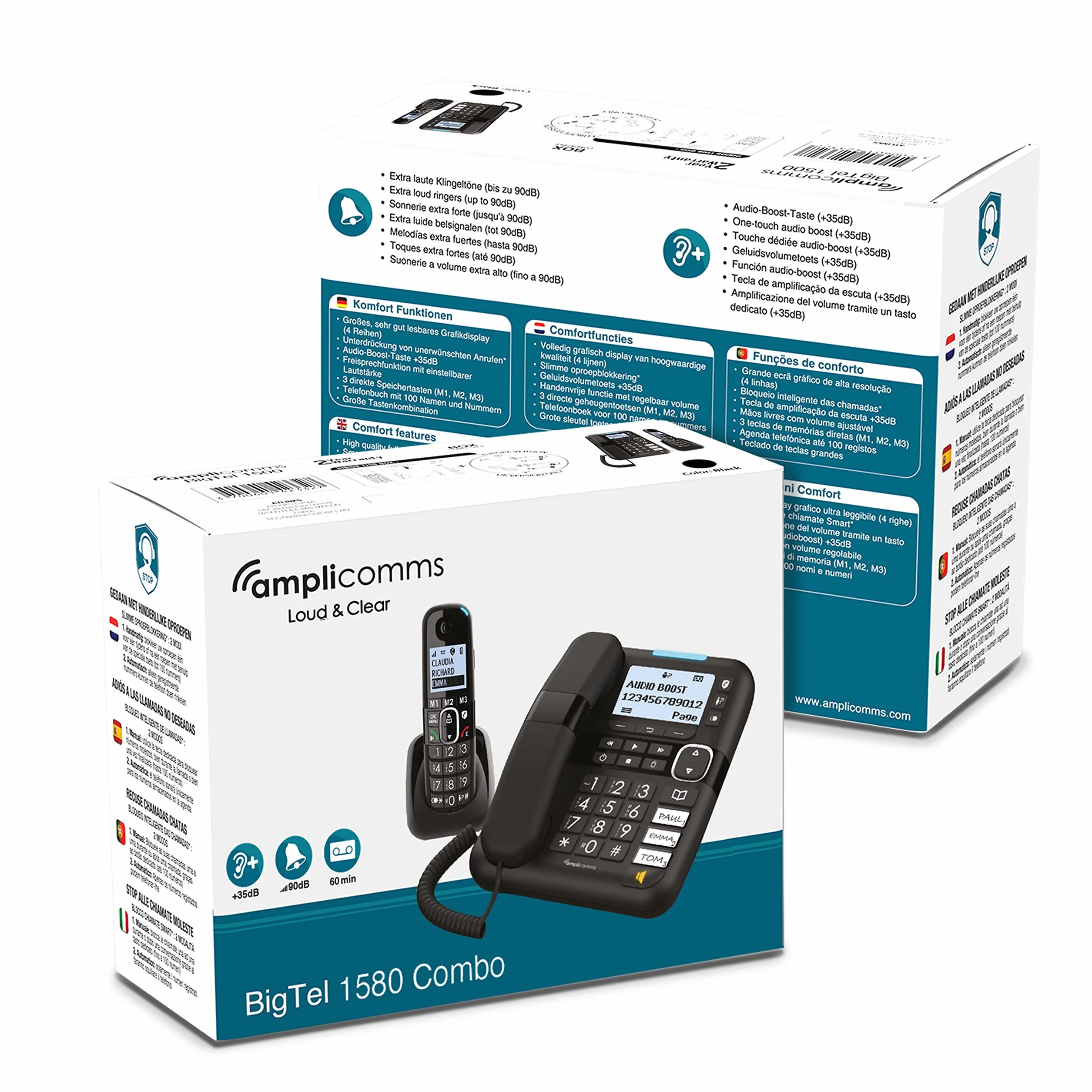 Amplicomms BigTel 1580 Combo DECT Großtasten Telefon, Anrufbeantworter, zusätzliches Mobilteil, Audio-Boost, extra Laute Klingeltöne, Hörgerätekompatibel, Schwarz