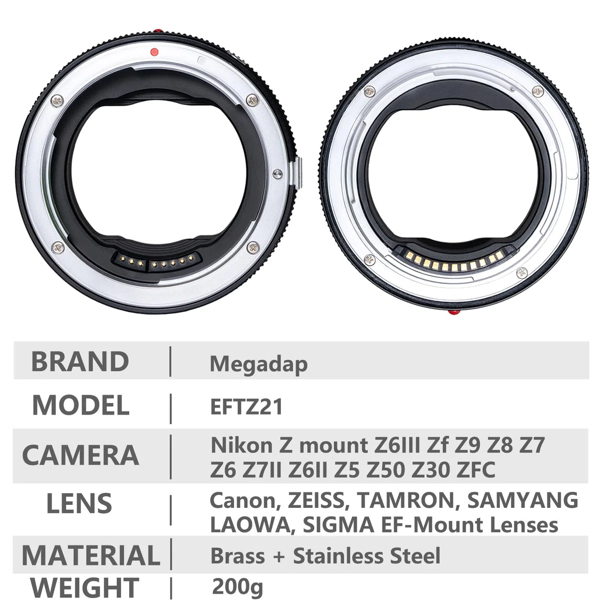 Megadap EFTZ21 Autofokus-Objektiv-Adapter mit integrierter elektronischer Blende – Kompatibel mit Nikon Z-Kameras ZR/Zf/Z6III/Z9/Z8/Z7/Z6 & für Canon/Sigma/Tamron EF-Serie-Objektive
