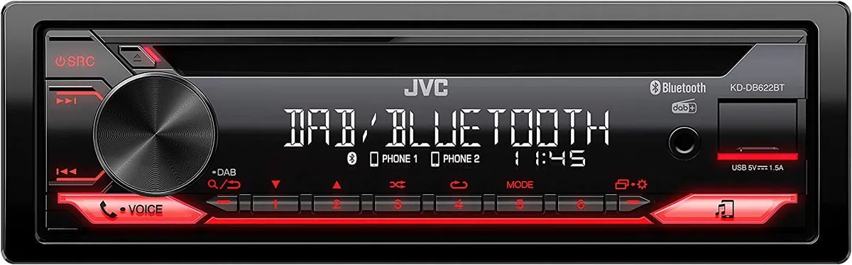 JVC KD-DB622BT CD-Autoradio mit DAB+ und Bluetooth Freisprecheinrichtung (Soundprozessor, USB, AUX-In, Spotify Control, 4 x 50 Watt, rote Tastenbeleuchtung, Ohne Antenne)