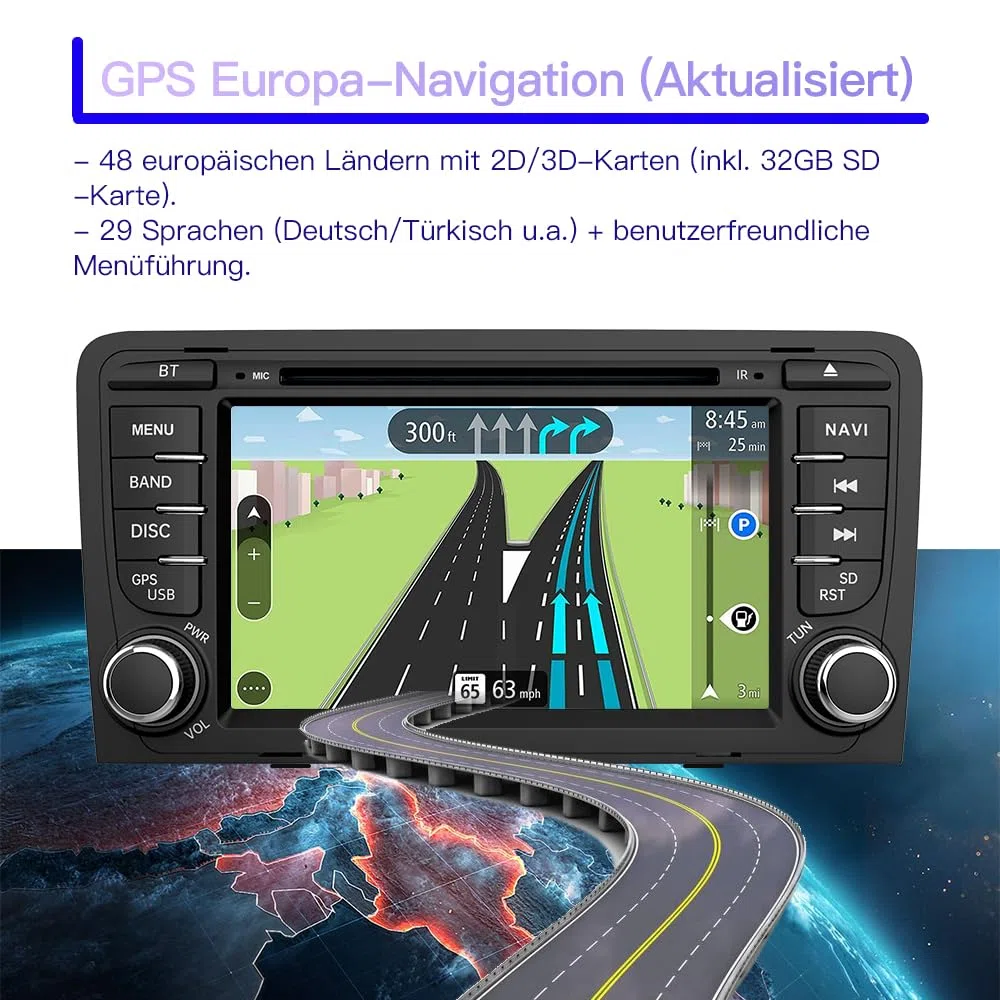 Junsun 2-DIN Autoradio für Audi A3/S3/RS3 2003–2012, 7 Zoll Touchscreen mit CD/DVD-Laufwerk, Lenkradsteuerung, MirrorLink, USB, Bluetooth, FM/AM Radio
