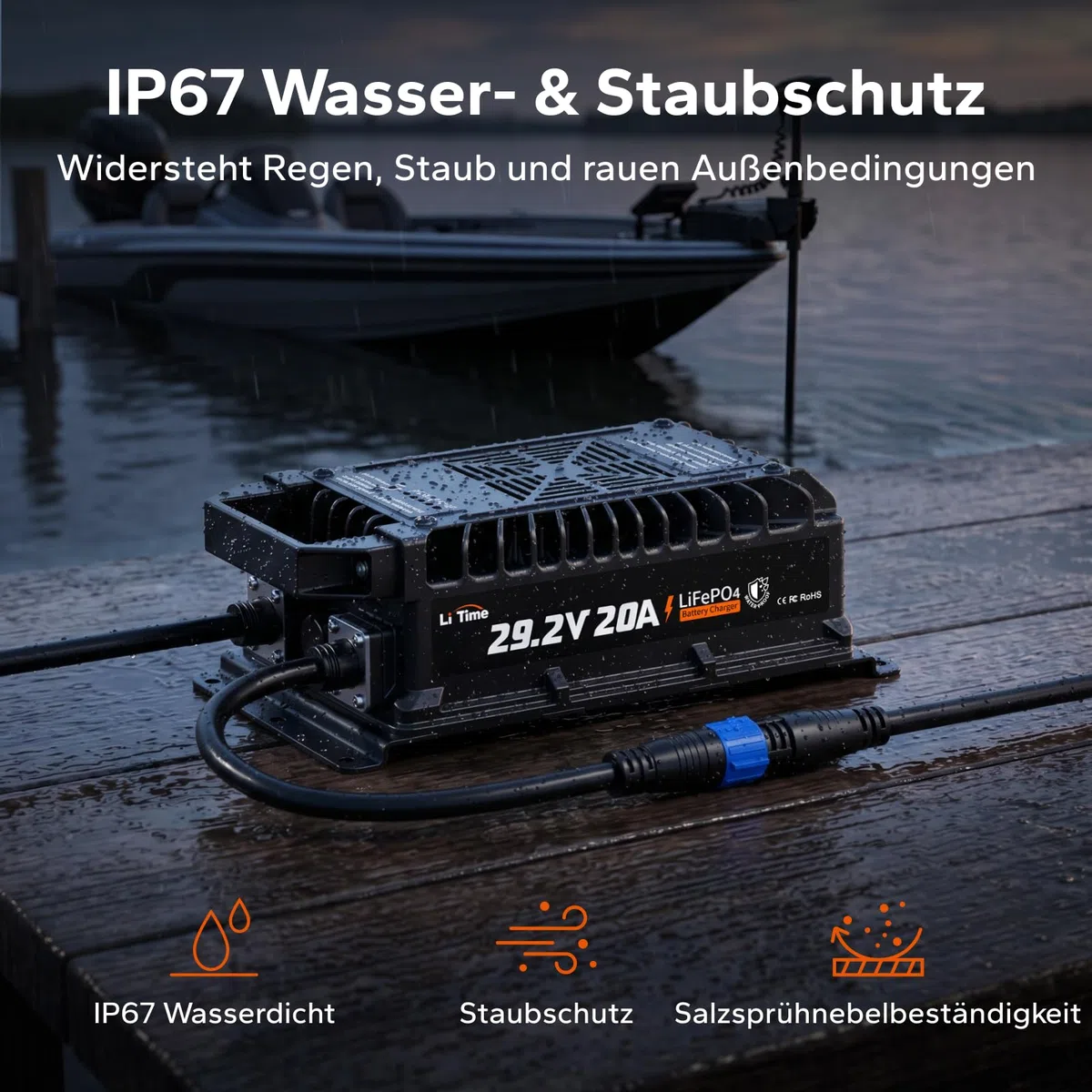 LiTime 24V 20A LiFePO4 Ladegerät, IP67 Wasserdichtes, 0V-Aktivierung, AC-DC