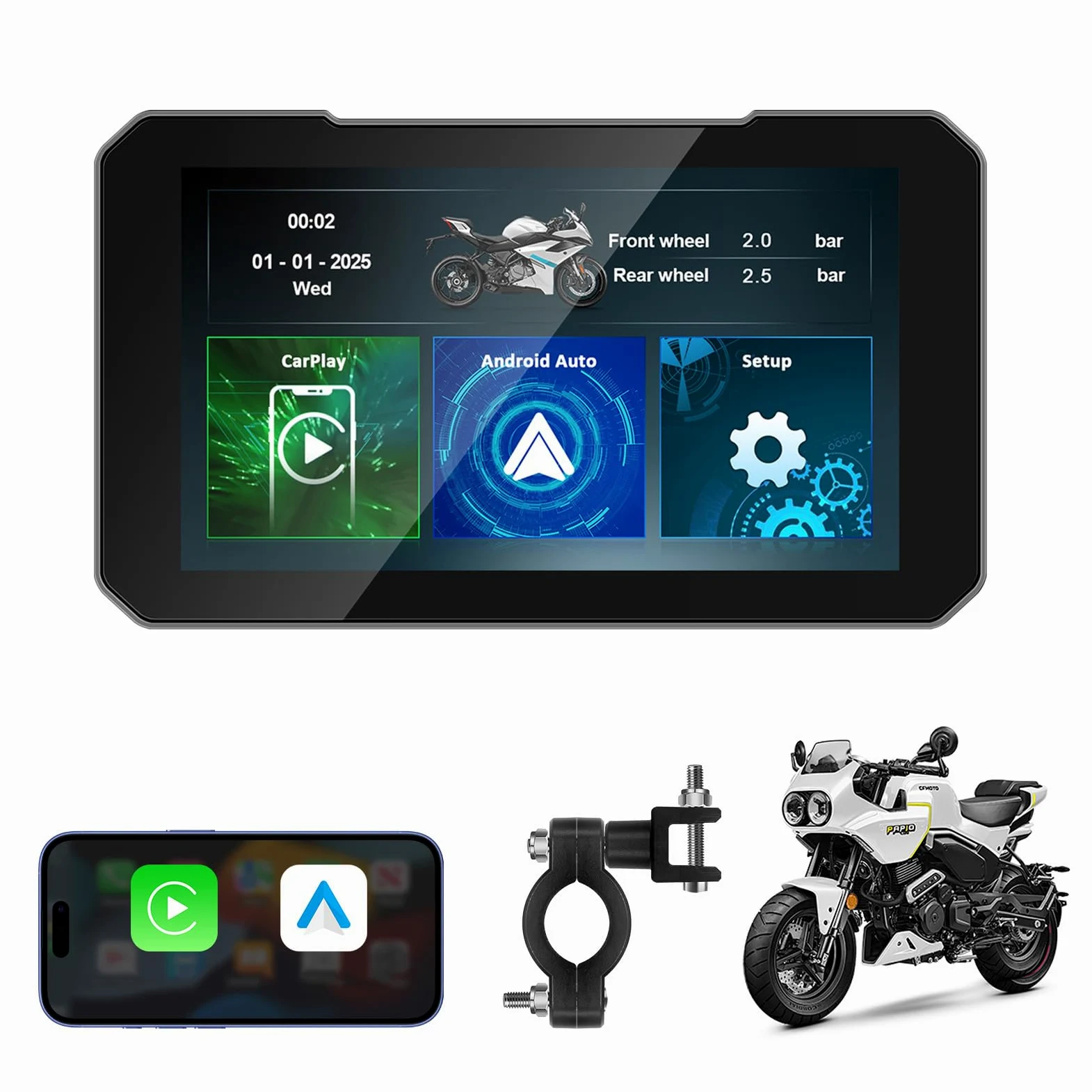 LEXXSON 5 Zoll Motorrad Carplay Display, Wireless Carplay & Android Auto, IP67 wasserdichtes GPS-Navigationsgerät, HD-Touchscreen, schneller Start, Audio- und Videotrennung für Motorräder