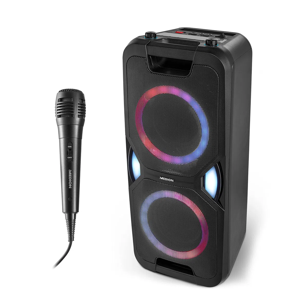 MEDION P67038 Party-Soundsystem (Partylautsprecher, Karaoke, Akku, UKW Radio, Bluetooth 5.0, Kompaktanlage, 2X 220 Watt, Farbige LED, USB, AUX, 2X Mikrofonanschluss)