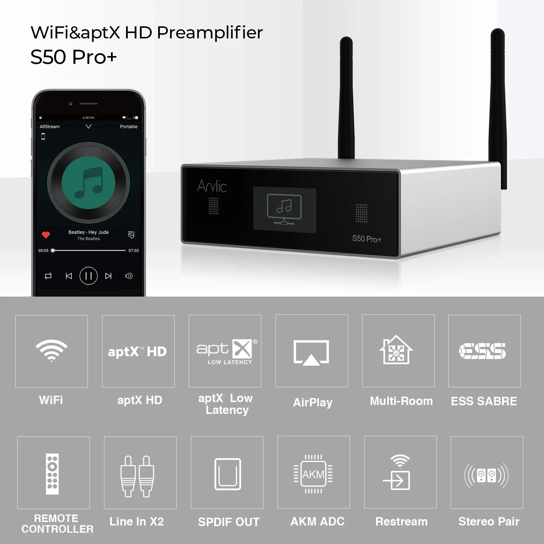 Arylic S50 Pro+ WiFi & Bluetooth 5.0 Audio Receiver, aptX HD Vorverstärker mit ESS Sabre Dac AKM ADC Multiroom/Multizone, Wireless Audio Receiver mit Airplay, Spotify, Internetradio