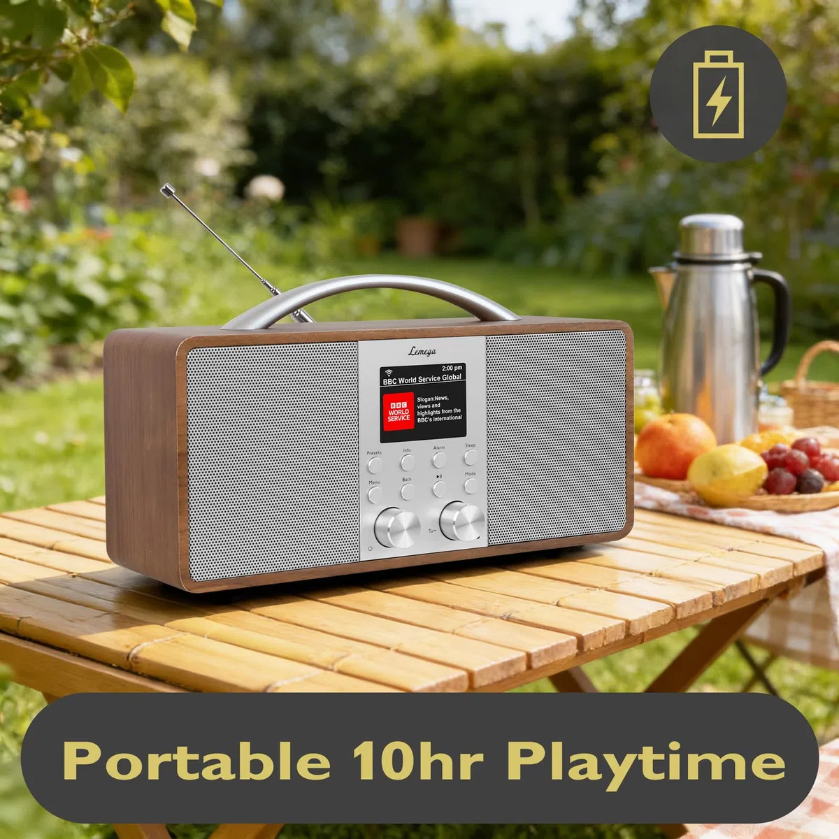 Lemega IR6 Internetradio mit Podcast-Funktion & Bluetooth - DAB/DAB+, UKW Stereo-Radio mit echtem 2.0 Lautsprechersystem, 150 Senderspeicher, Radiowecker, Akku mit USB-C, Holzgehäuse & Aluminiumgriff