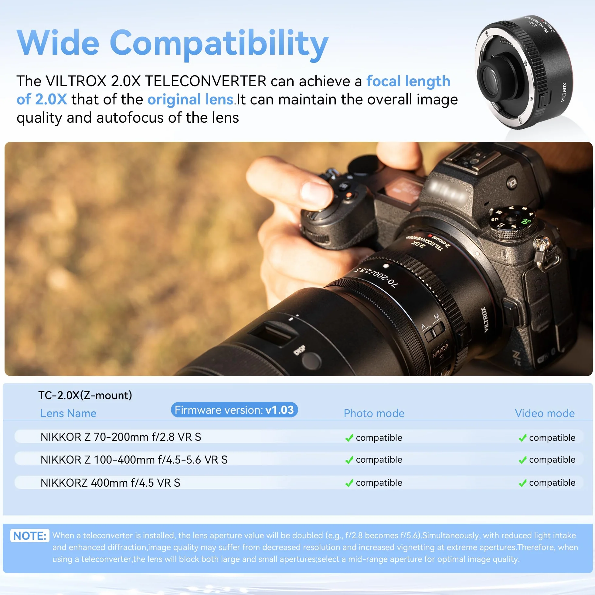 VILTROX TC-2.0X Telekonverter für Nikon Z-Mount Teleobjektiv, Autofokus-Objektiv, kompatibel mit NIKKOR Z 70-200 mm f/2.8 VR S