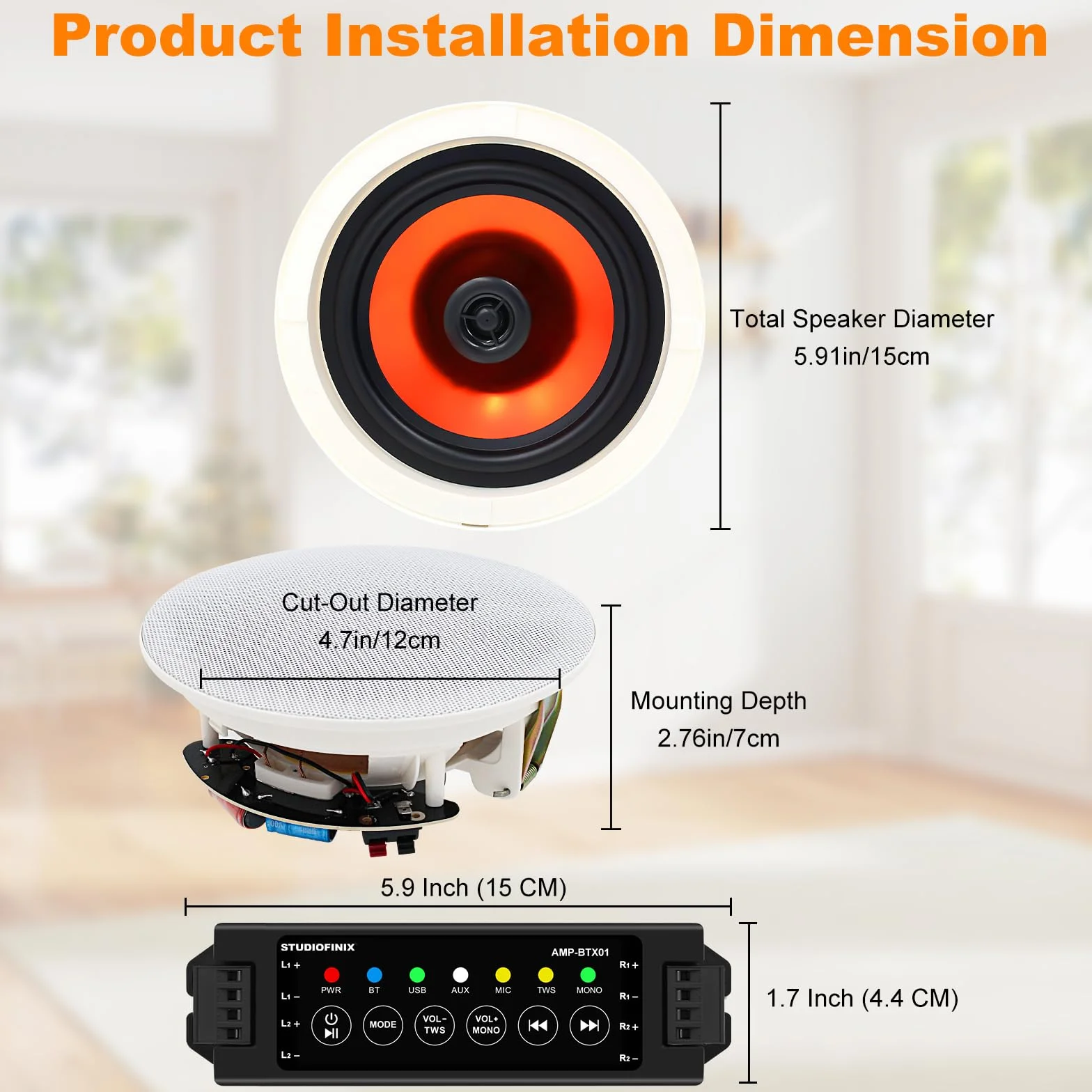 STUDIOFINIX 4 Zoll Bluetooth Deckenlautsprecher mit 4-Kanal-Verstärker, 480W Maximalleistung, 4 Lautsprecher, Klarer Klang für Wohnzimmer, Büro, Küche, Keller & überdachte Terrasse