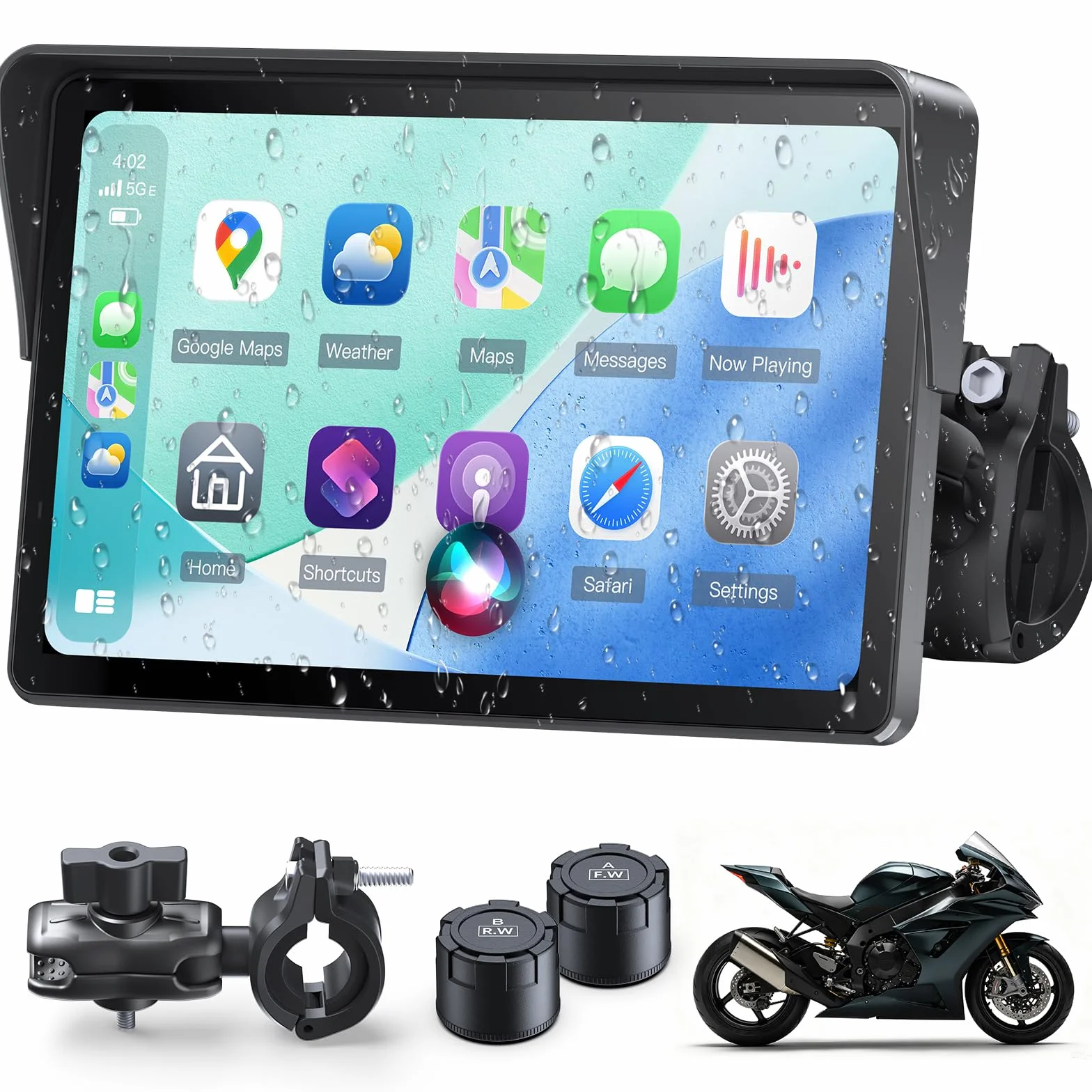 Motorrad Carplay Display 7 Zoll Wasserdichter Touchscreen, Reifendruckkontrollsystem (TPMS), Kabelloses CarPlay und Android Auto für Motorrad, Dual Bluetooth, GPS-Navigation