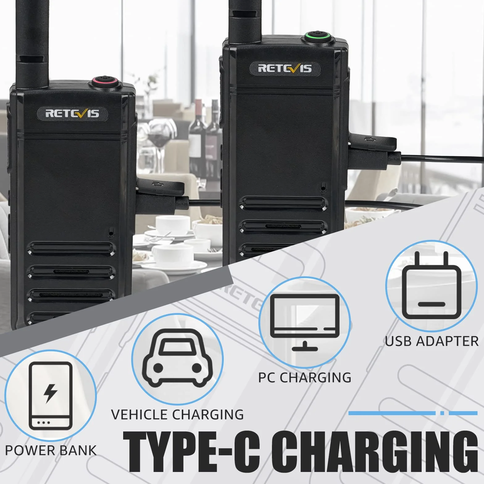 Retevis RB639P Walkie-Talkies für Erwachsene, Mini-Funkgerät mit Ohrhörern, VOX, USB-C, PMR446 Professionelles 2-Wege-Funkgerät für Restaurant (Schwarz, 4 Stück)